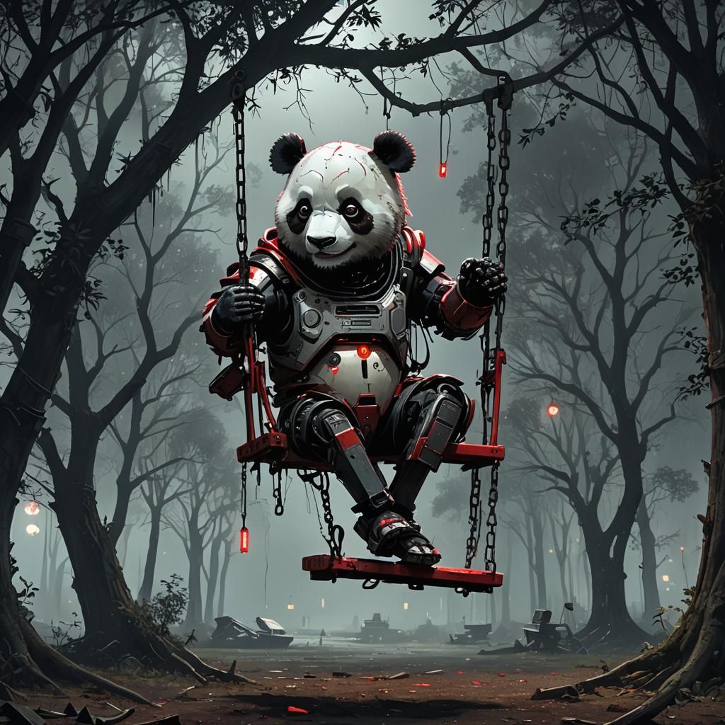 Broken Panda Robot in Abandoned Park: Gothic Horror