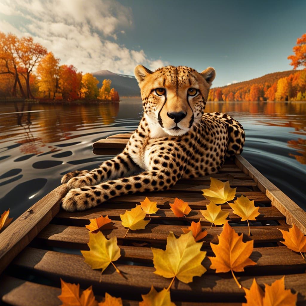 ""Cheetah floating on wooden raft