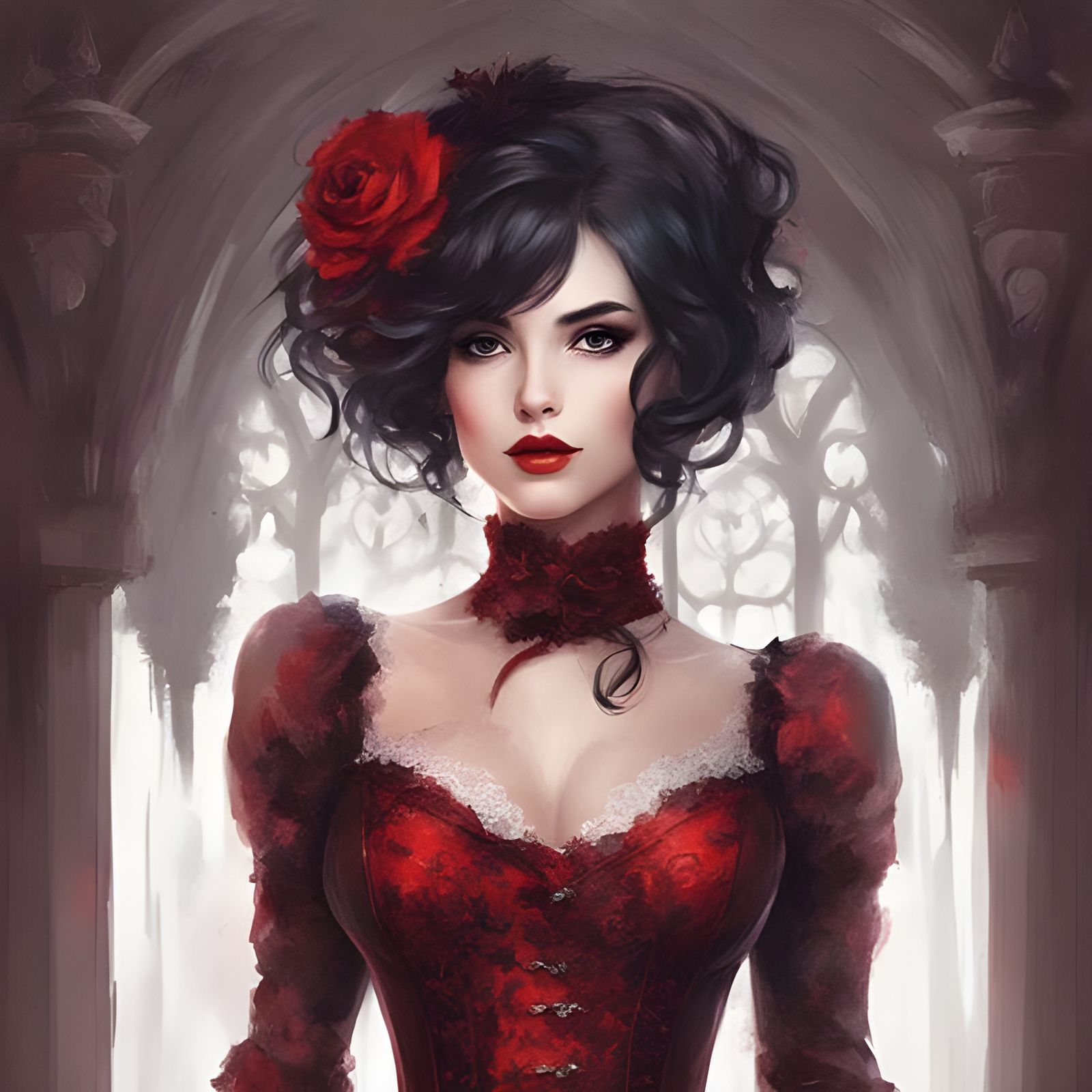 Gothic Beauty in Red Corset, Royo Style