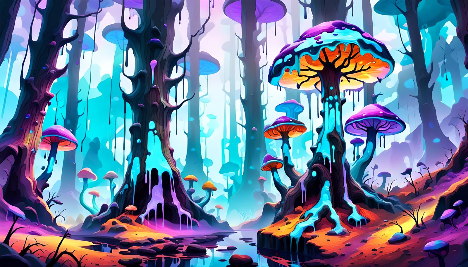 Surreal Funkadelic Landscape in Foggy Forest