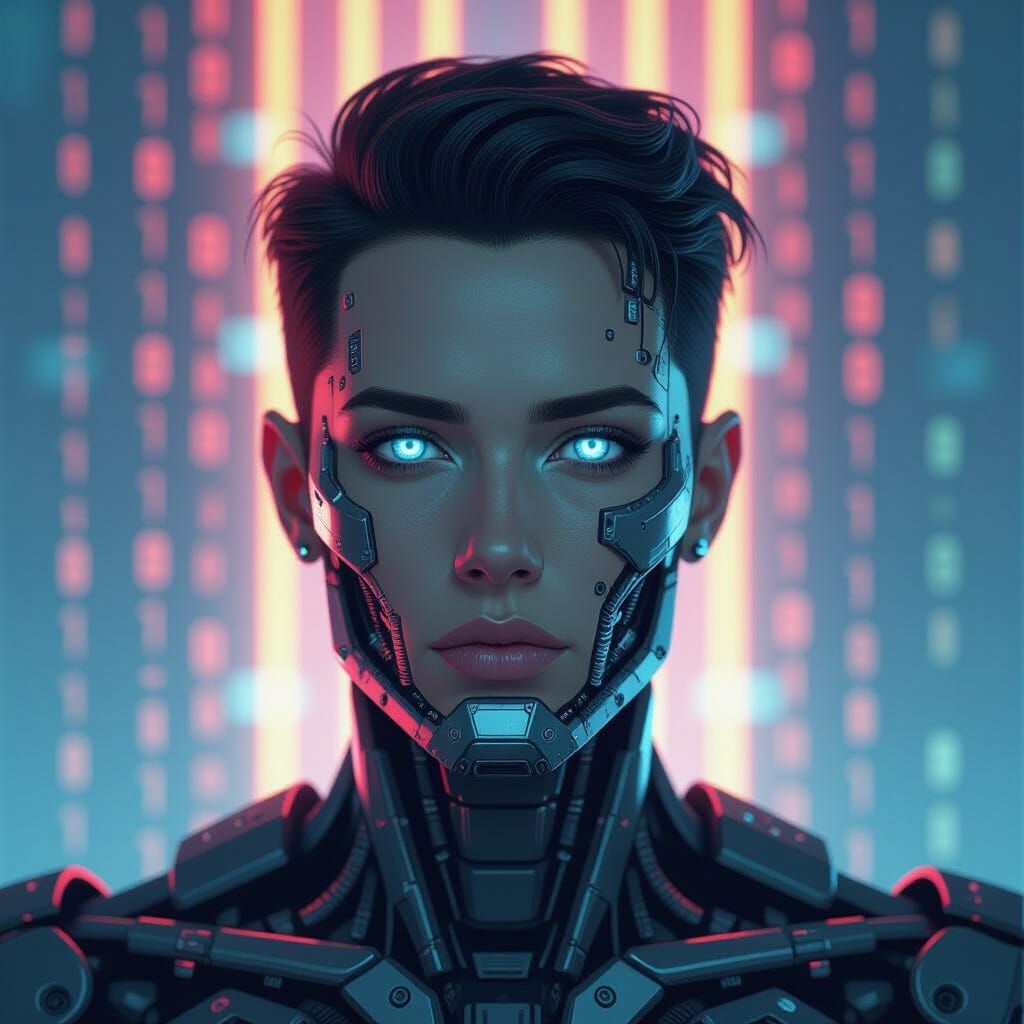 Cyborg Pixelated Face in Glitch Art Style