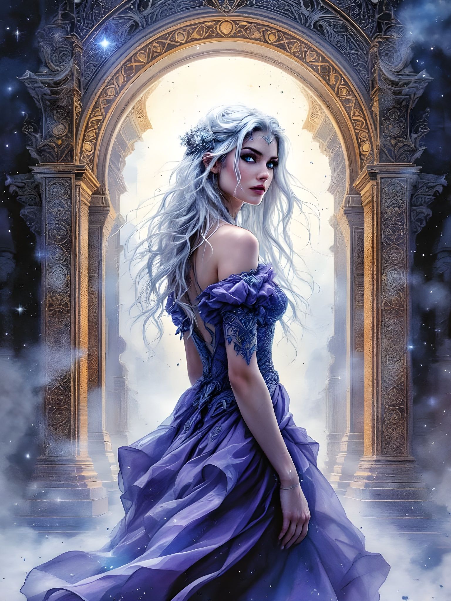 Stunning Norse Goddess in Violet Dress Looks Over Her Should...