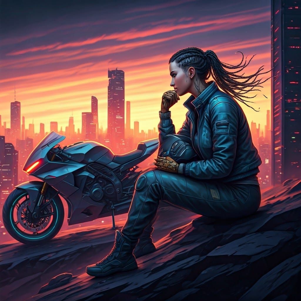 Cyberpunk Woman Contemplates Sunset