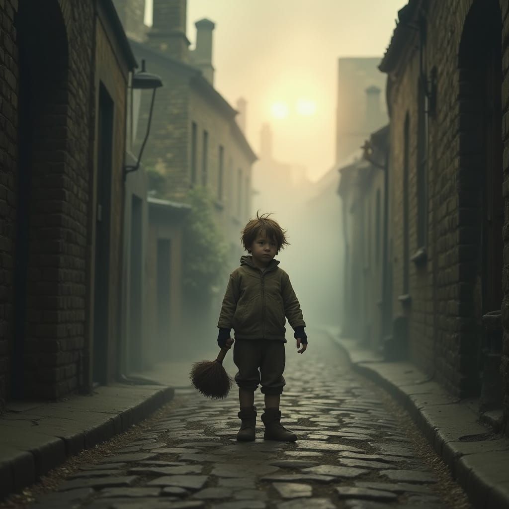 Sad Boy in Misty London Alley: Romantic Realism