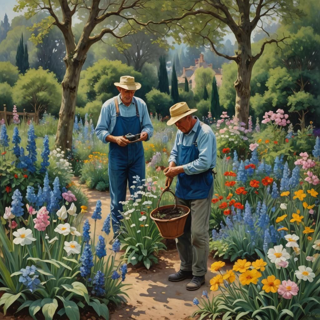 Gardener in a Blossoming Garden Oil Painting