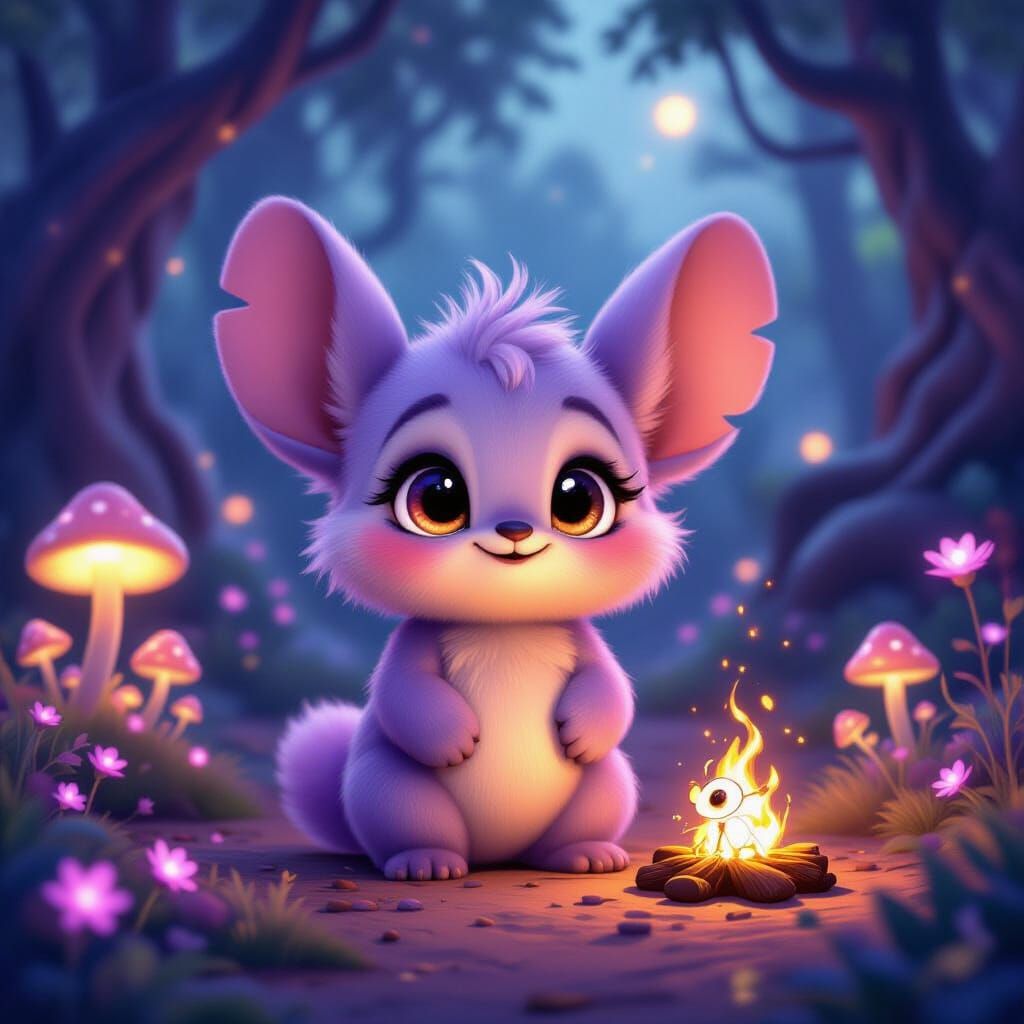 Pixar-Style Fluffy Creature in Bioluminescent Forest