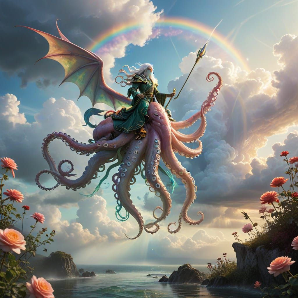 Majestic Rose Kingdom in Ethereal Skies with Unicorns and Wi...