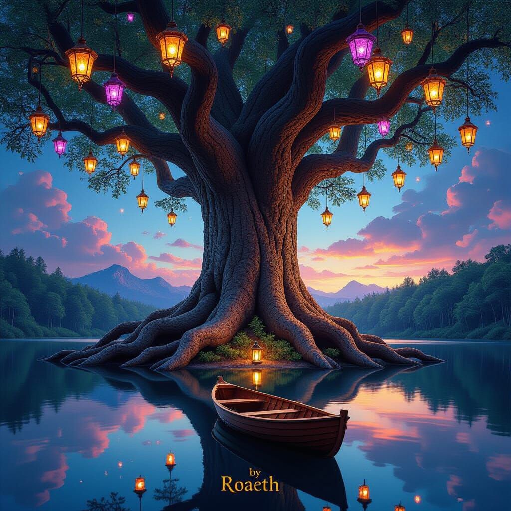 Surreal Upside Down Tree with Glowing Lanterns Over Reflecti...