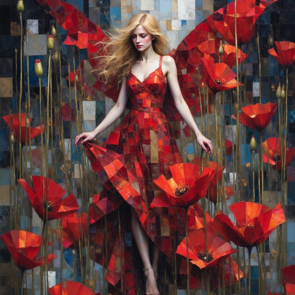 Mystical Angel in Folk Art Abstract Style