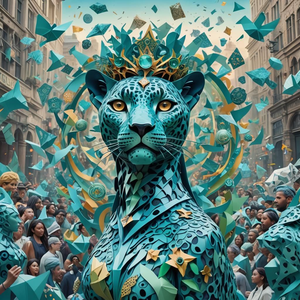 Blue Leopard Queen in Surreal Cityscape