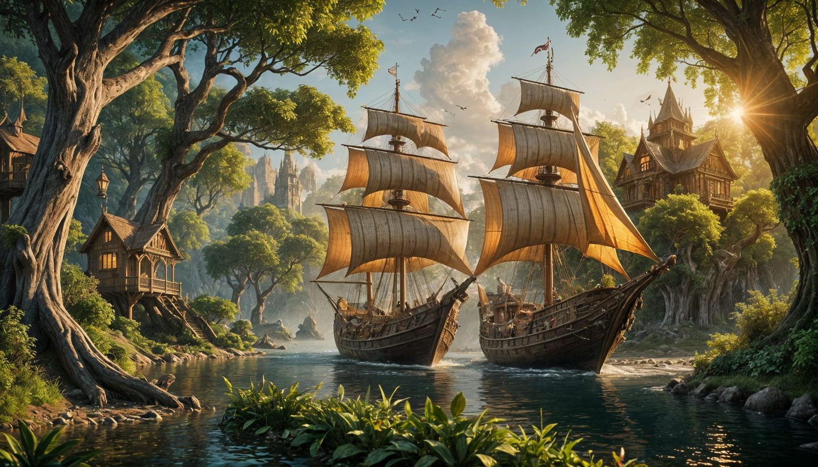Elven Sailing Ship in Enchanted Forest Waterway