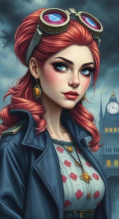 Steampunk Supervillainess Portrait in Style of Palette Knife...