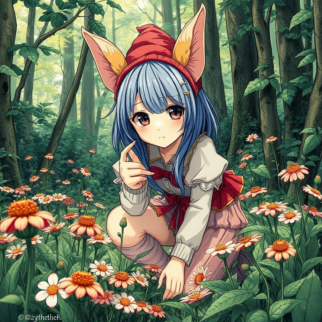 Botanical Gnome Girl in Anime-Inspired Precisionist Style