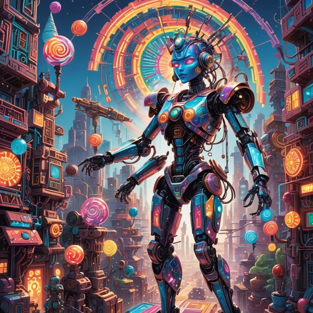 Aztec Robot Girl in Candy Cityscape, Digital Illustration
