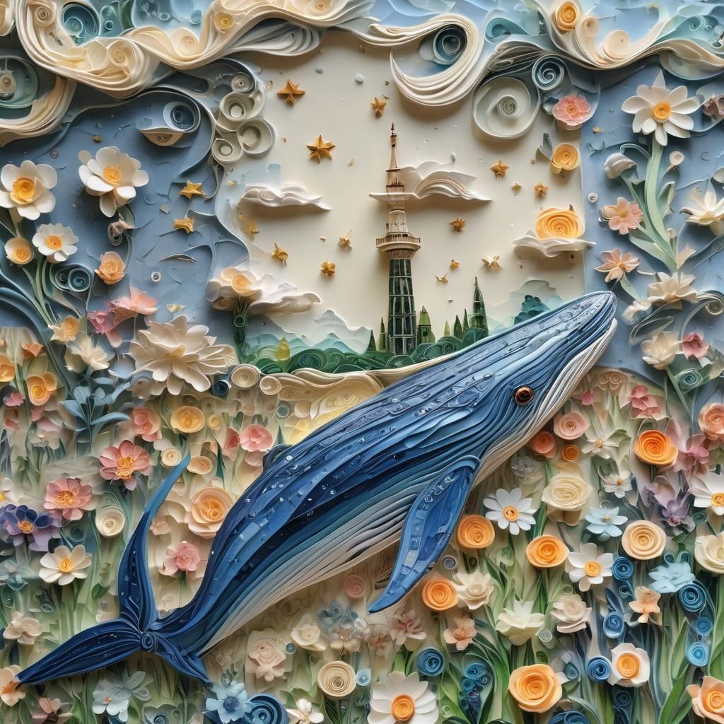 Blue Whale in Flower Field: Baroque Naive Art