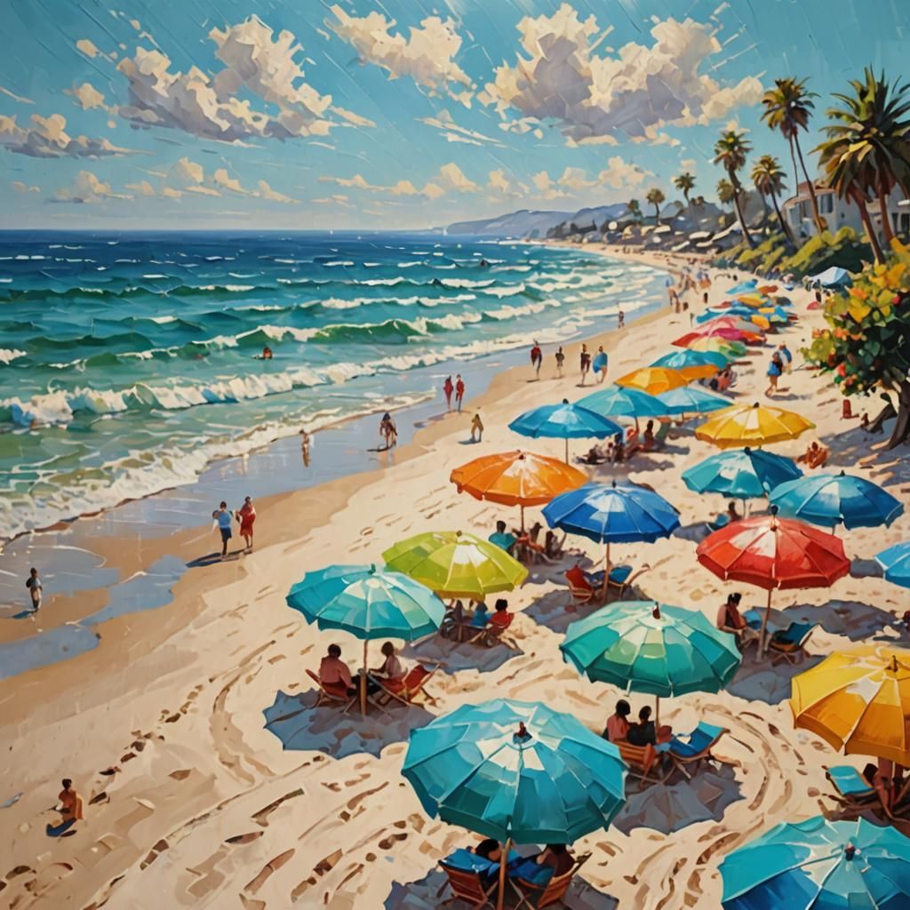 Impressionist Beach Scene with Colorful Umbrellas