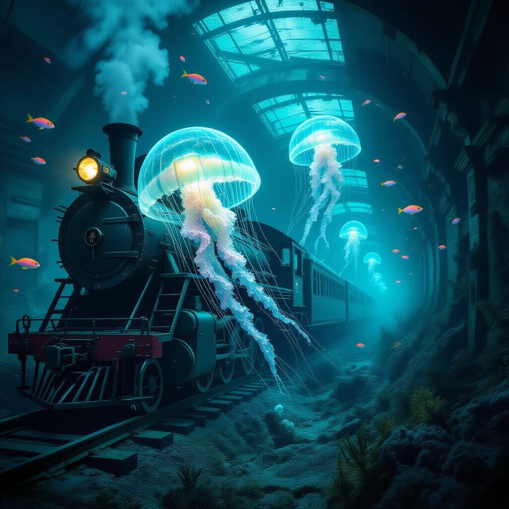 Bioluminescent Jellyfish in Decaying Underwater Station