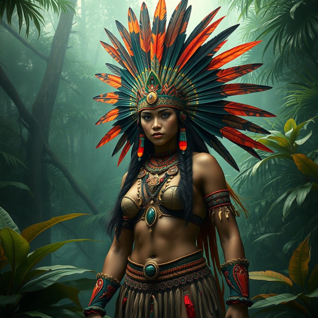 Amazonian Warrior in Lush Rainforest