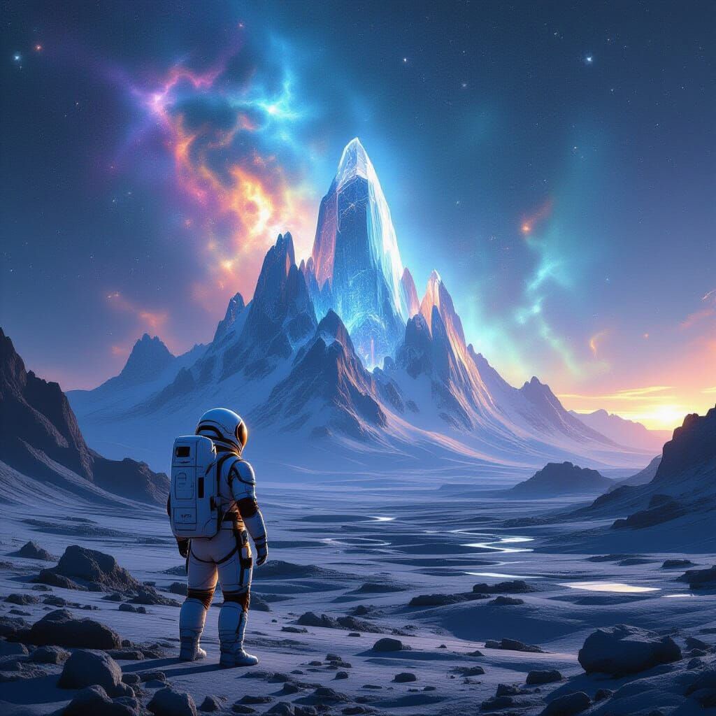 Astronaut Gazes at Crystalline Mountains on Alien World