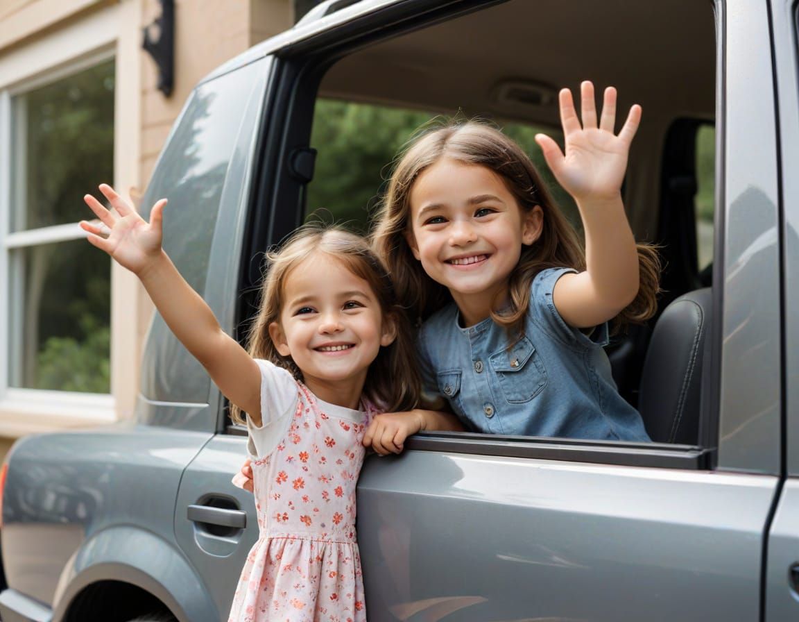 Girl Waves Goodbye to Dad at Window