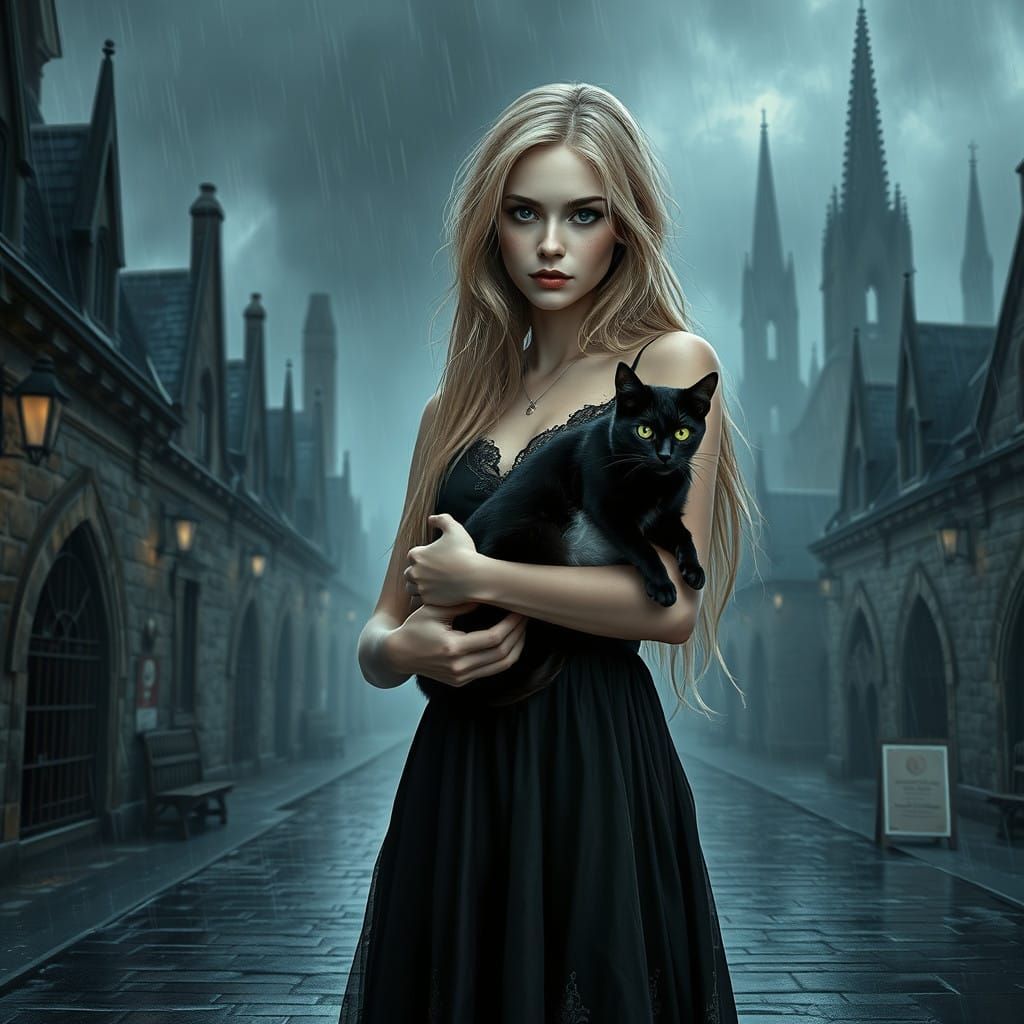 Gothic Woman Holding a Black Cat in a Mystical Cityscape