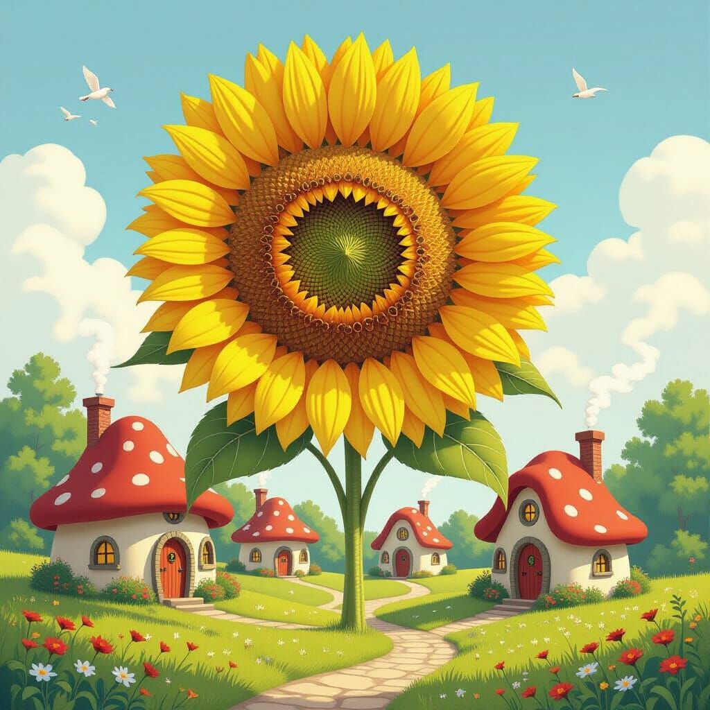 Giant Sunflower Over Mushroom Village, Storybook Illustratio...
