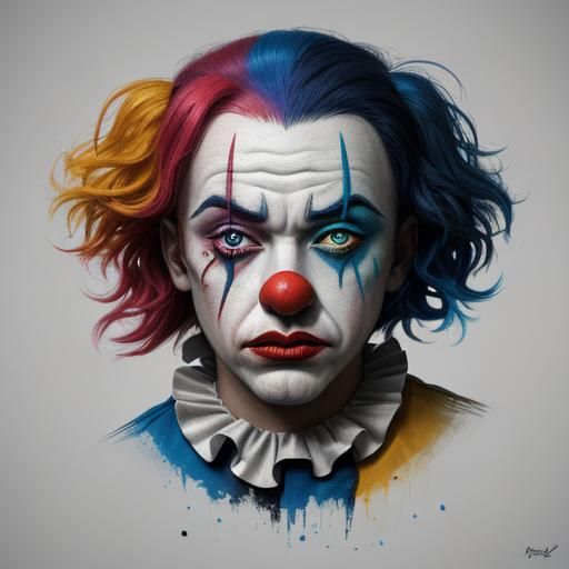 Sad Clown in Hyperrealistic Splash Art