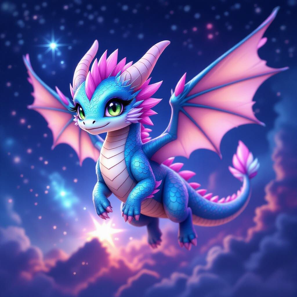 Baby Dragon Flying to Starry Nebula in Anime Art Style
