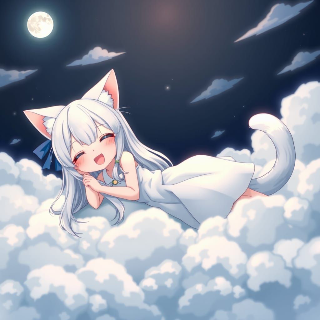 Anime Catgirl Relaxing on Cloud Bed in Moonlight
