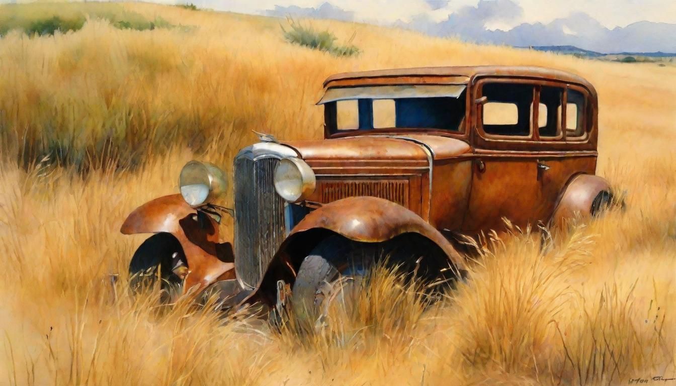 Watercolor Painting of a Rusted 1930s Car