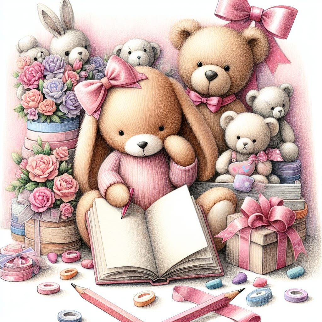 Rabbit Reading to Teddy Bears in Watercolor Style