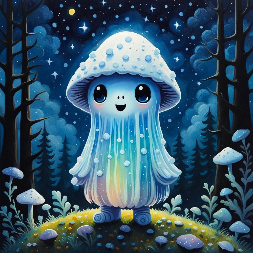 Ghost on Starry Mushroom: Gouache Impressionist Masterpiece