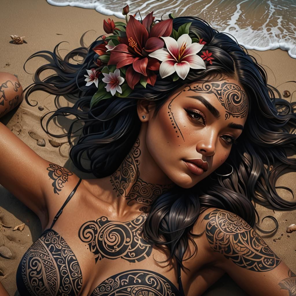 Maori Girl with Tattoos and Flowers on Beach