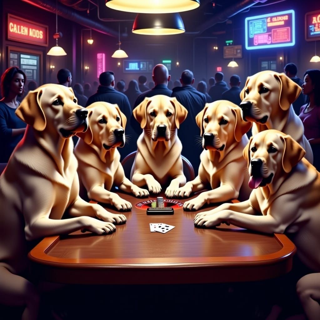 Labradors Playing Poker in Dimly Lit Poolroom