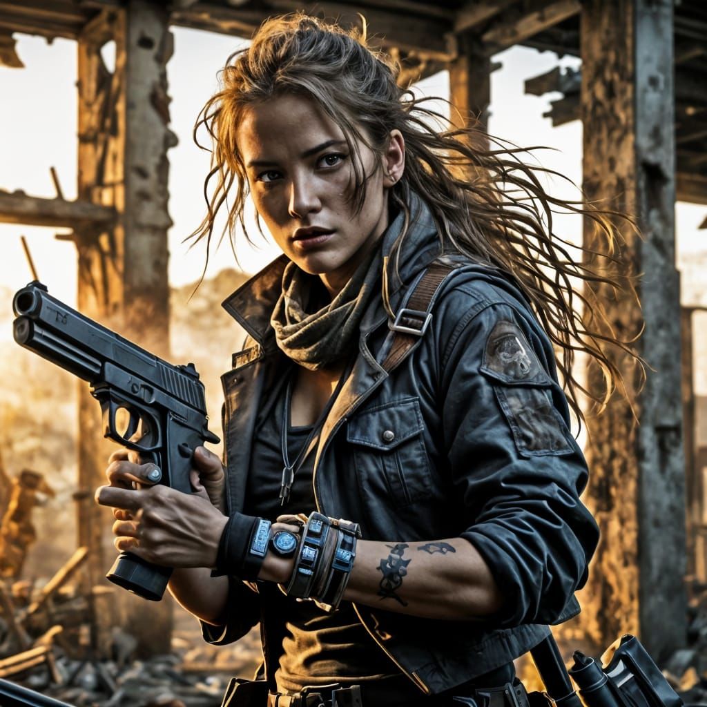Female Survivor Aims Pistol in Ruined City
