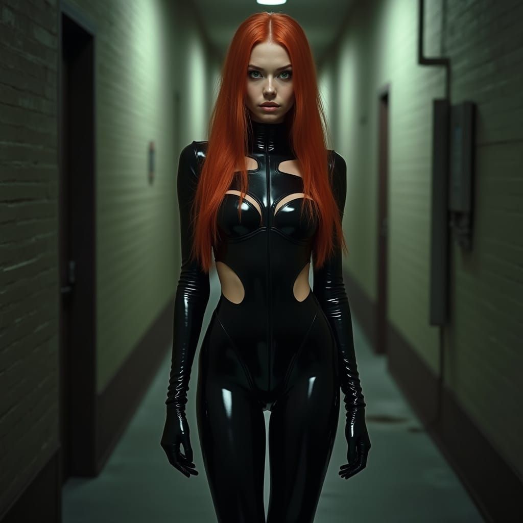 Woman in Latex Catsuit in Futuristic Noir Alleyway