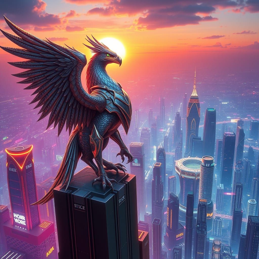 Armored Griffin Over Neon Cityscape