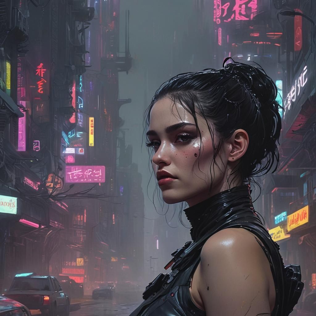 Dark Gothic Sci-Fi: Woman in Cyberpunk City