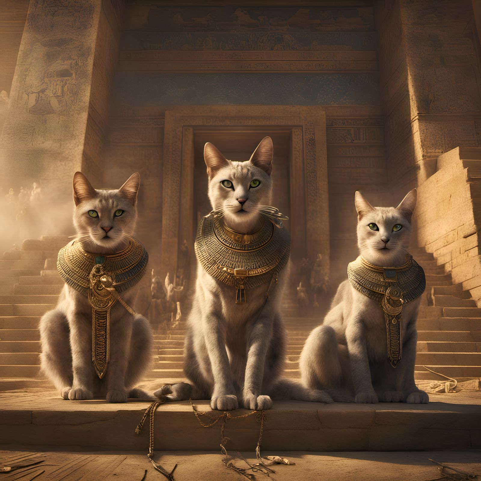 Egyptian Cats on Thrones in Great Pyramid