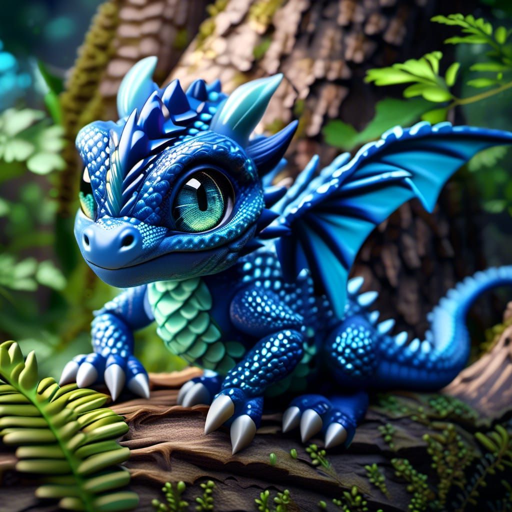Cute Blue Chibi Forest Dragon: Hyperrealistic Image