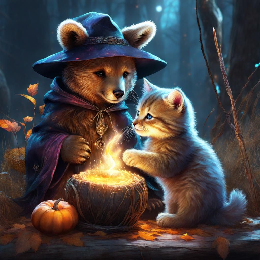 Adorable Witchy Bear Cub and Kitten Companions