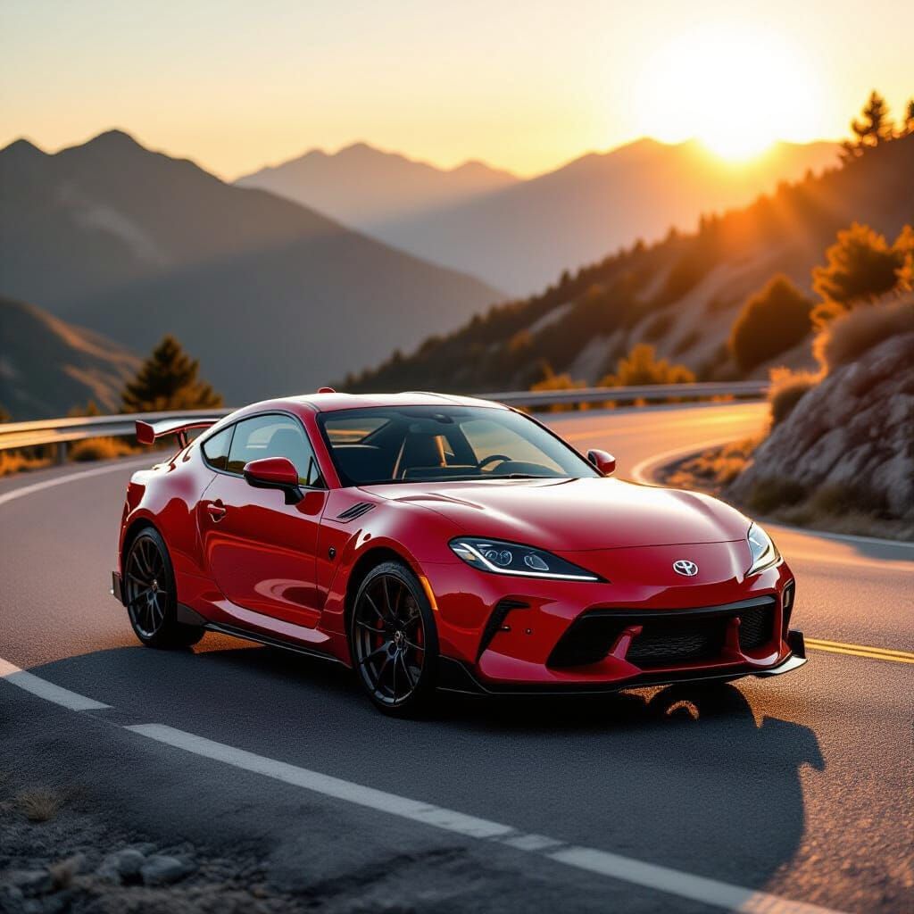 Crimson Toyota GR86 on Mountain Road at Golden Hour