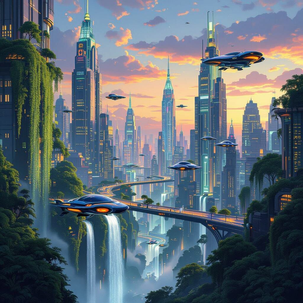 Art Deco Cityscape with Waterfalls at Twilight