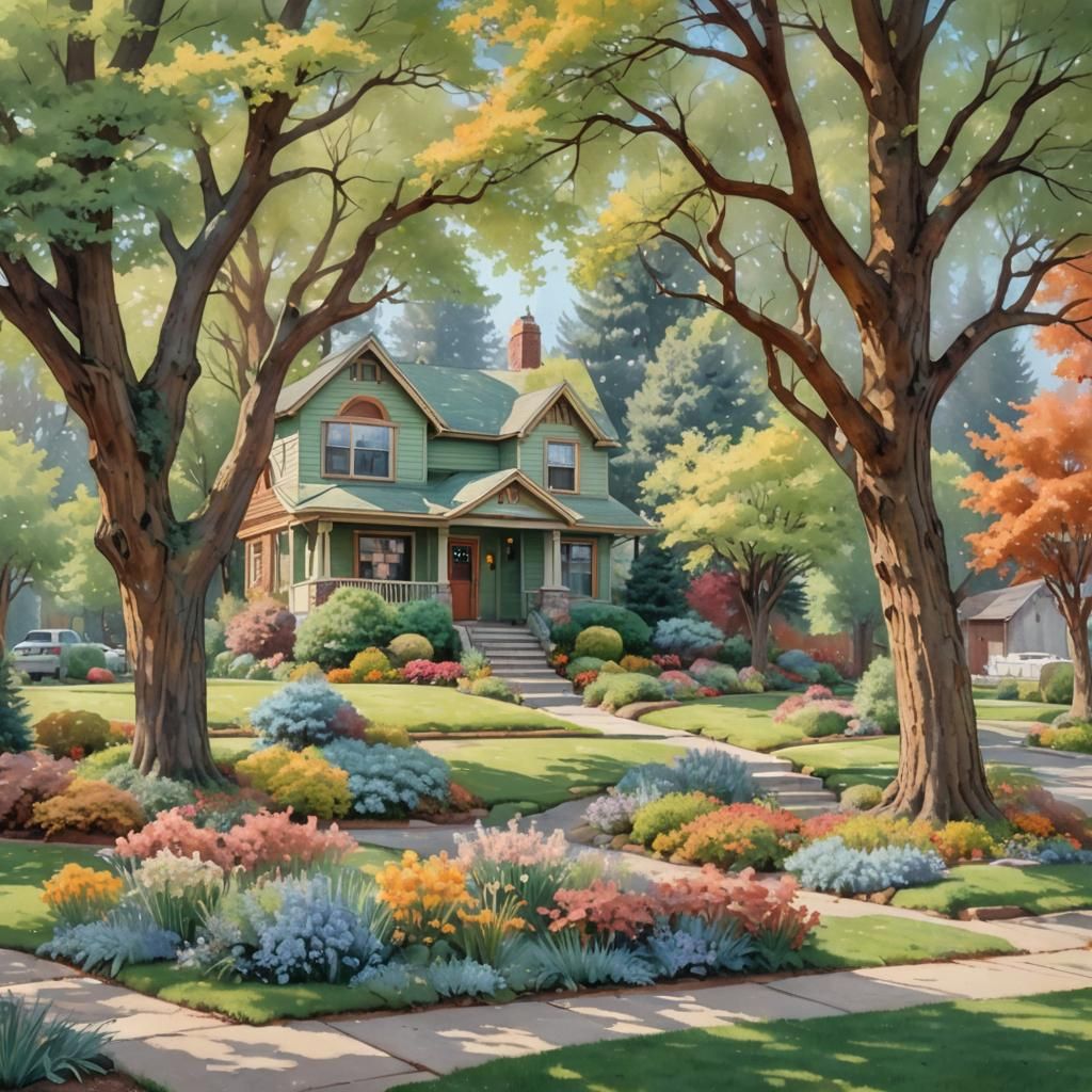 Montana Home with Flower Garden in Watercolor Style
