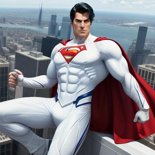 Flying Superhero in White Suit with Red Emblem
