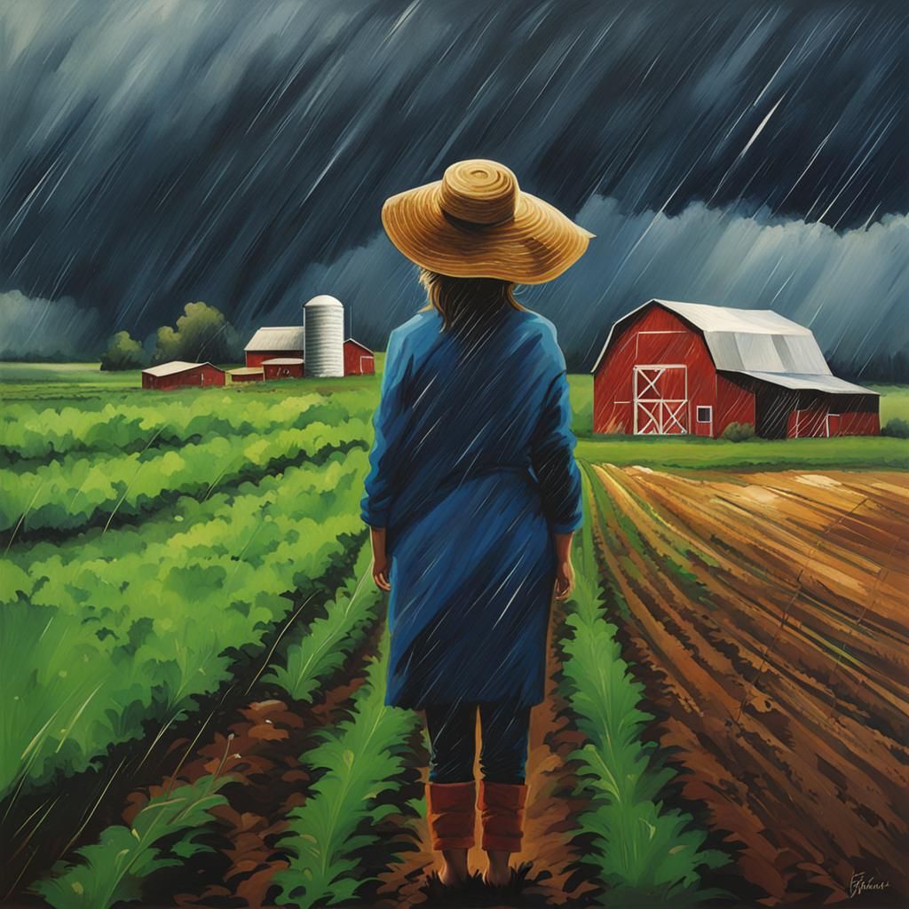 Rural Woman in a Rainstorm Landscape