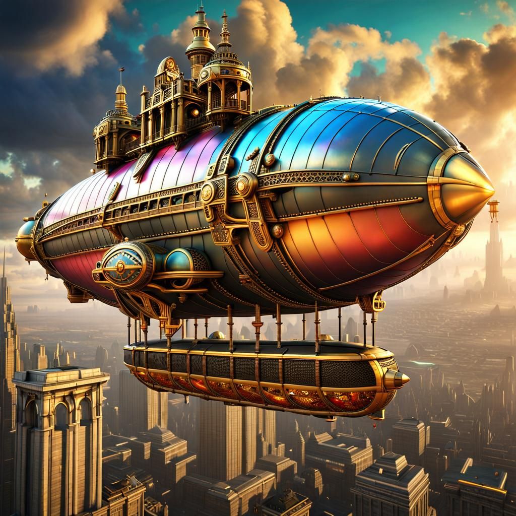Steampunk Zeppelin Over Cyberpunk Gothic City