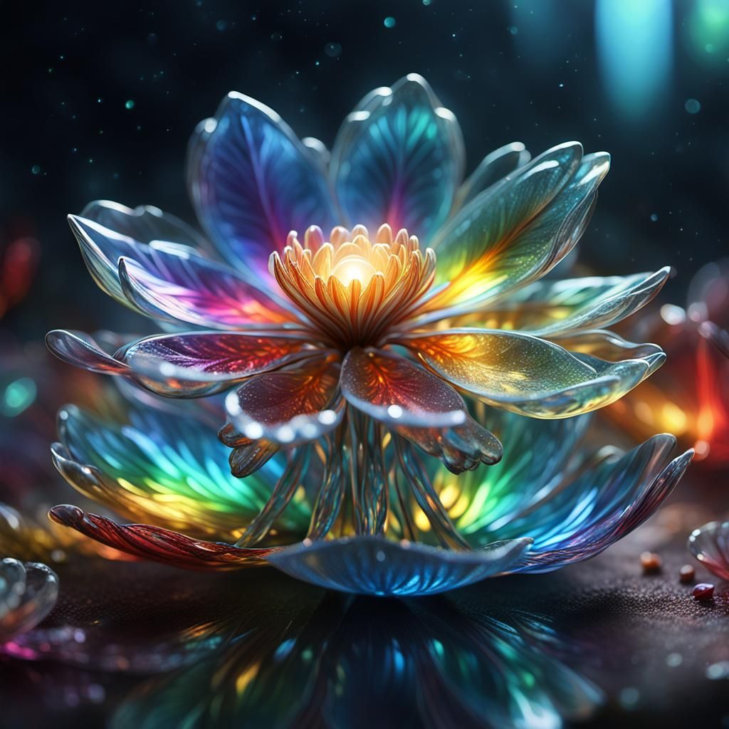 Mystical Glass Flower Engulfed in Rainbow Flames