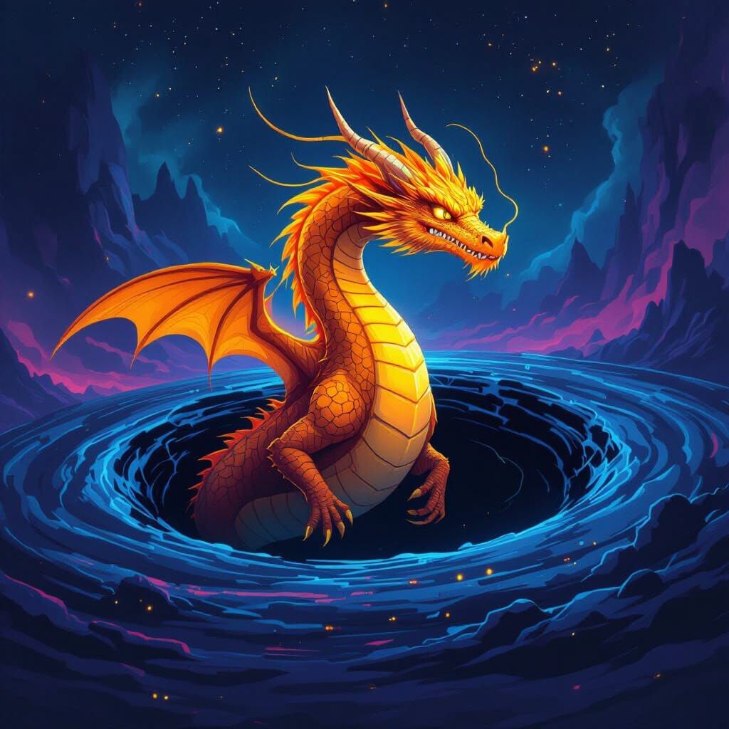 Dragon Emerges from Black Hole in Futuristic Style