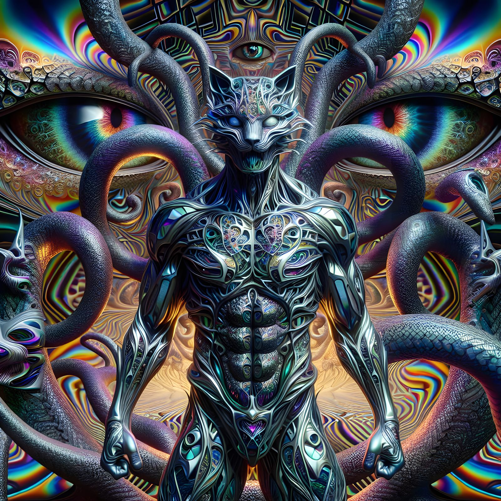Kaleidoscopic Metallic Armor in Psychedelic Dreamscape